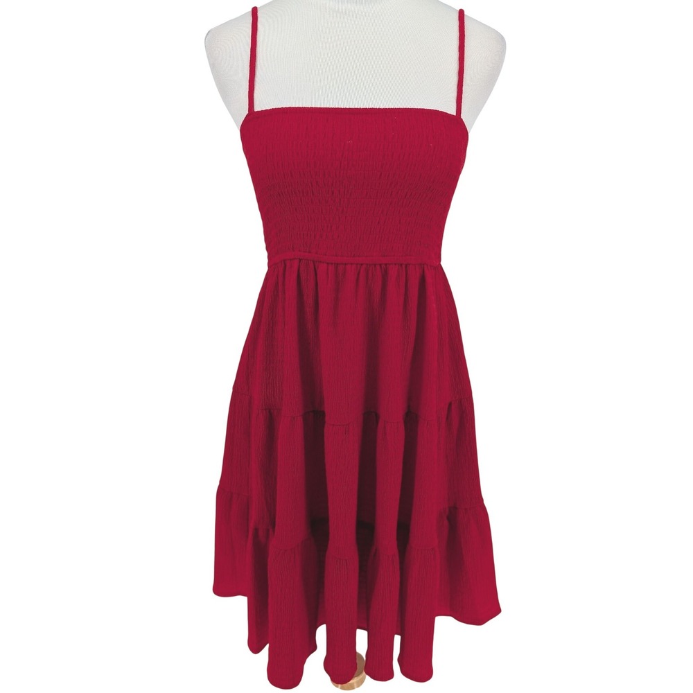 Pinch Smocked Tiered‎ Gauze Mini Dress Womens S Red Sundress Cottage Party Chic